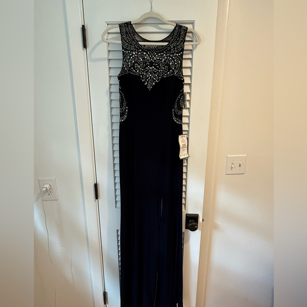 Betsy & Adam Navy Embellished Gown